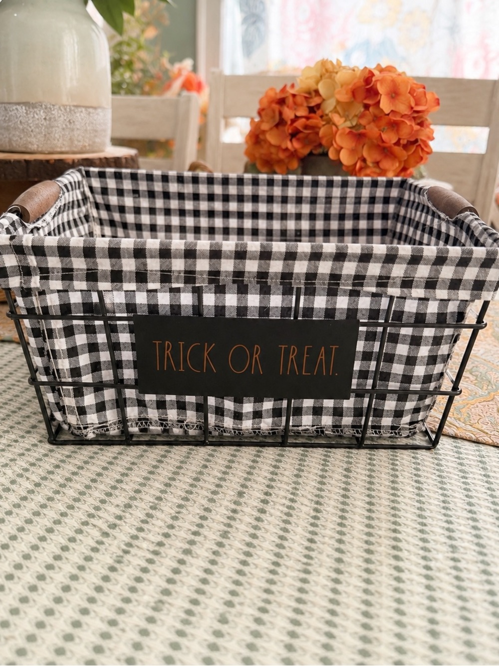 Rae Dunn "Trick or Treat" wire storage basket halloween buffalo plaid